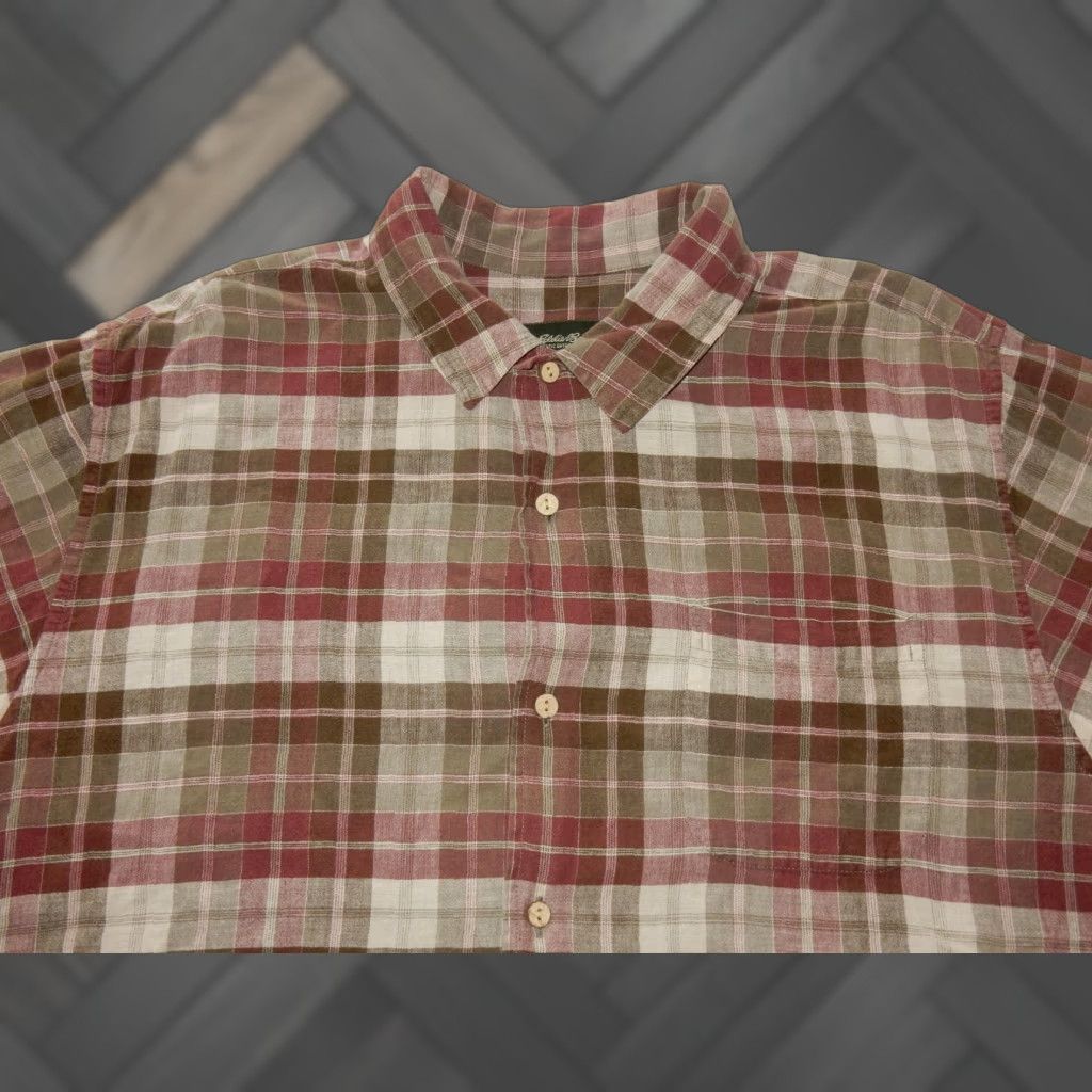 Eddie Bauer EDDIE BAUER Men's Plaid Linen Blend Short Sleeve Button-Up Shirt Size XL Brown Camp Size US XL / EU 56 / 4 - 1 Thumbnail
