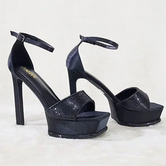 Other Helen Black Satin Rhinestone Trim Party Evening Platform Hig Size US 8.5 / IT 38.5 - 3 Thumbnail