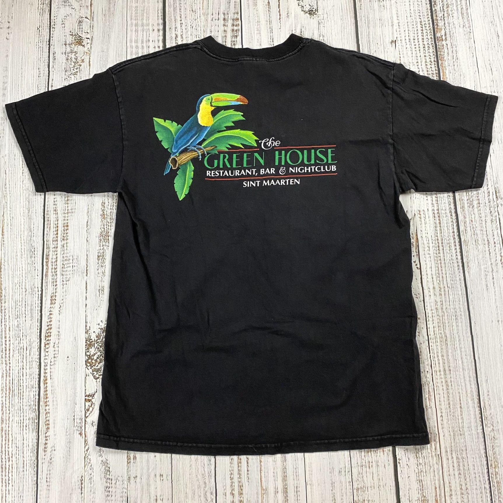 Gildan VTG NIGHTCLUB BAR T-SHIRT SINT MAARTEN GREENHOUSE TROPICAL GRAPHIC MENS L BLACK COTTON KNIT HEAVYWEIGHT CREW NECK SATELLITE? Size US L / EU 52-54 / 3 - 4 Thumbnail