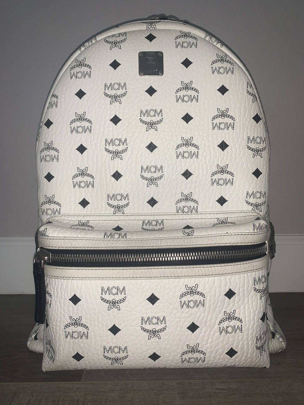 MCM Stark Backpack Visetos Side Studs Medium White