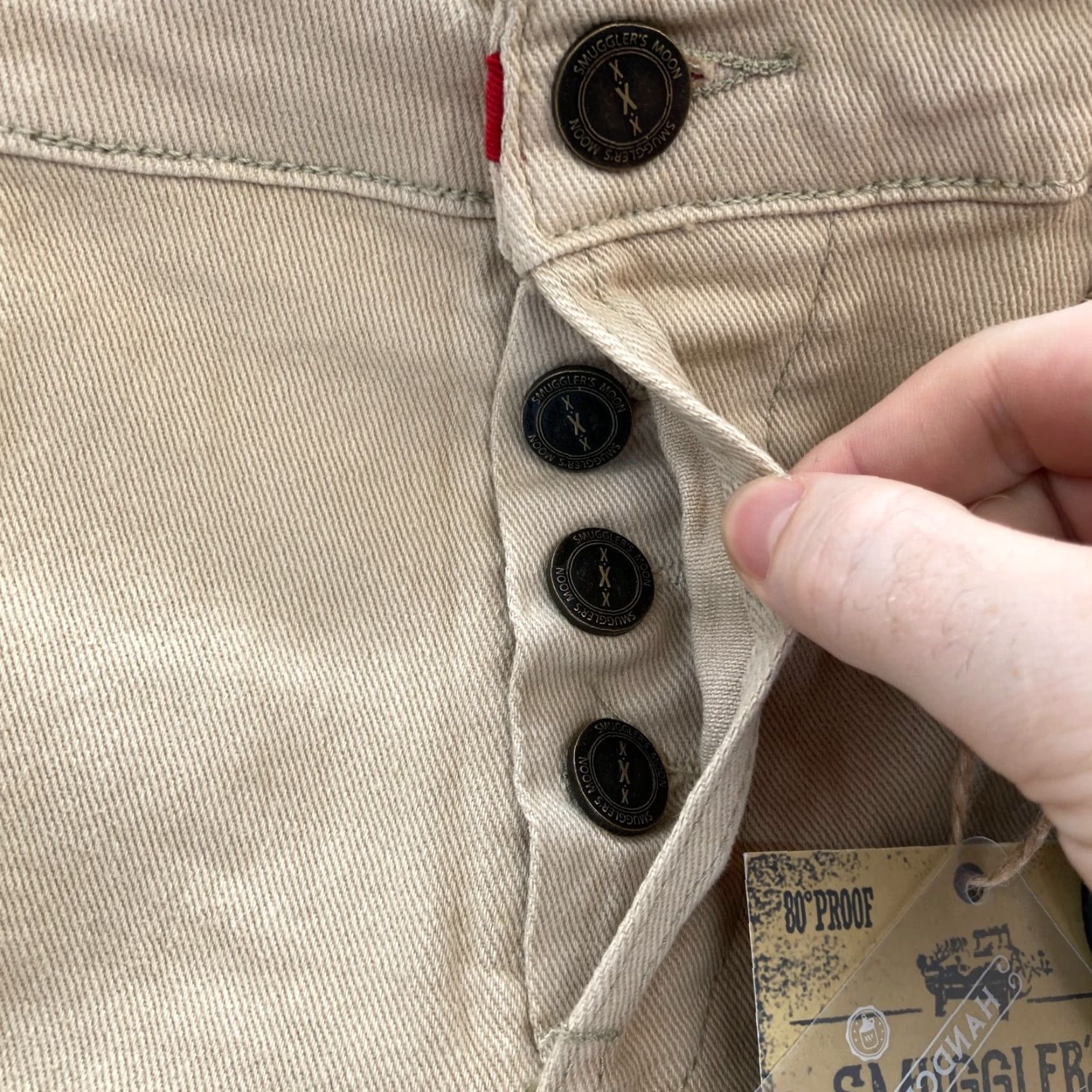 Denime Smugglers Moon Jeans Mens 38x33 Khaki Beige Denim Button Fly Roll Up Distressed Slim 5-Pocket Gothic Punk Rock Skull Mens Jeans Size US 38 / EU 54 - 7 Thumbnail