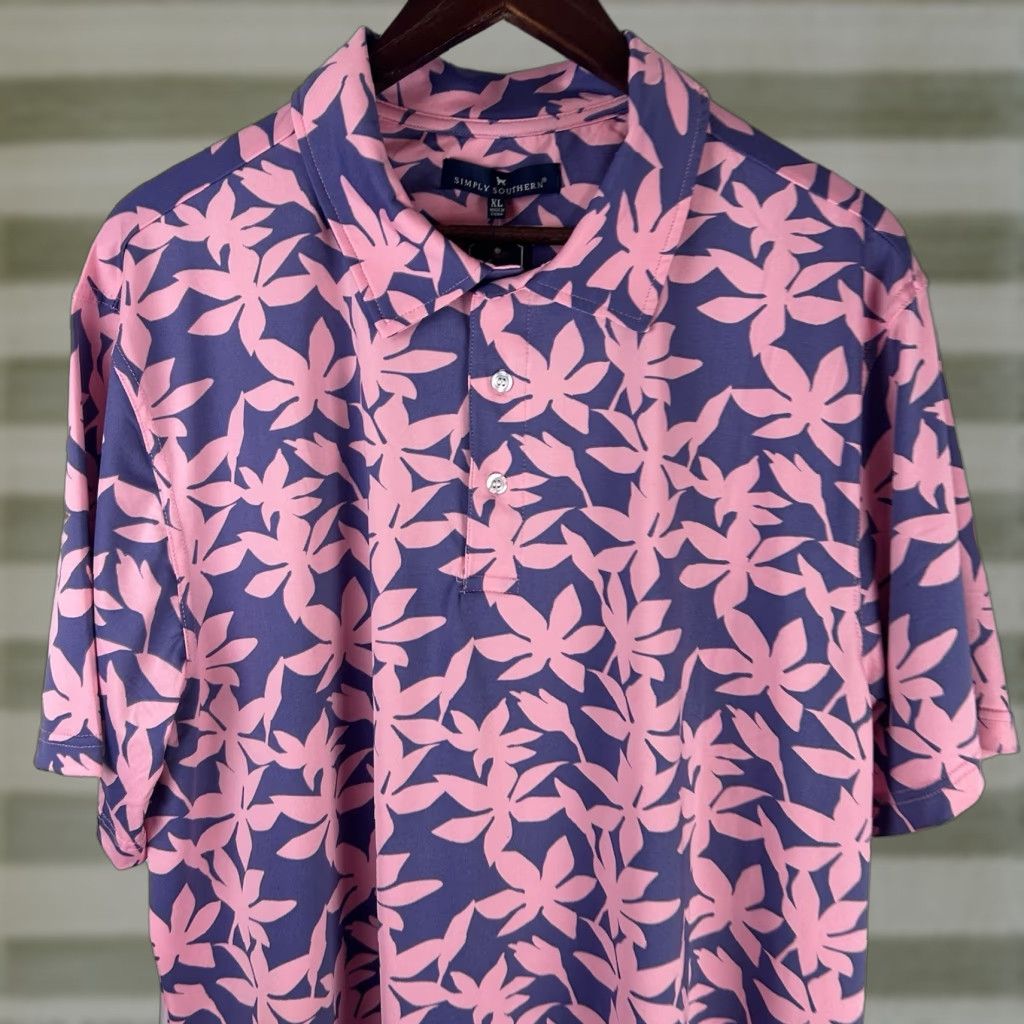 Vintage Simply Southern Polo Shirt Mens XL Purple Pink Floral Print Performance Stretch Shirt Mens XL Purple Pink Floral Print Size US XL / EU 56 / 4 - 1 Thumbnail