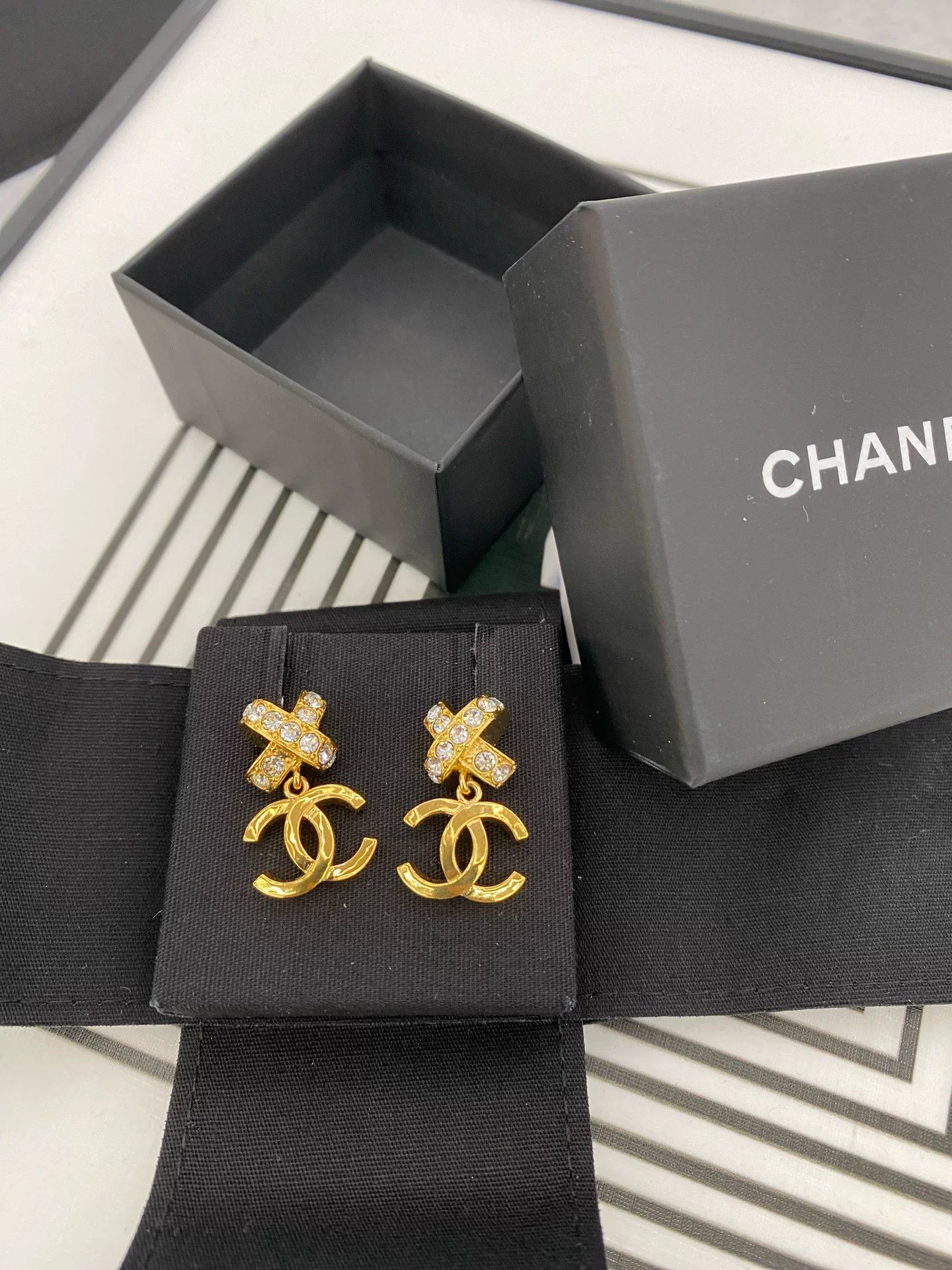 Chanel CHANEL 23P Gold Cross Crystal Double C Drop Earrings Size ONE SIZE - 1 Thumbnail