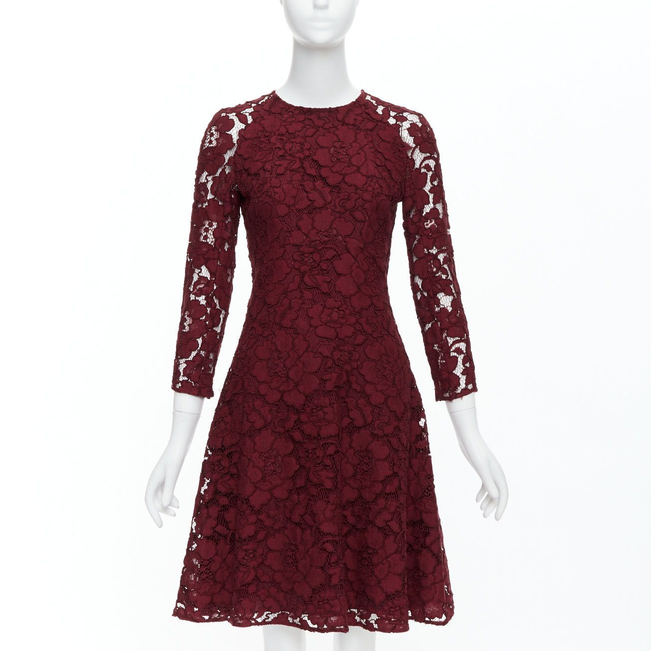 Oscar De La Renta OSCAR DE LA RENTA 2016 burgundy lace sheer sleeves fit flare dressUS0 XS Size XS / US 0-2 / IT 36-38 - 1 Thumbnail