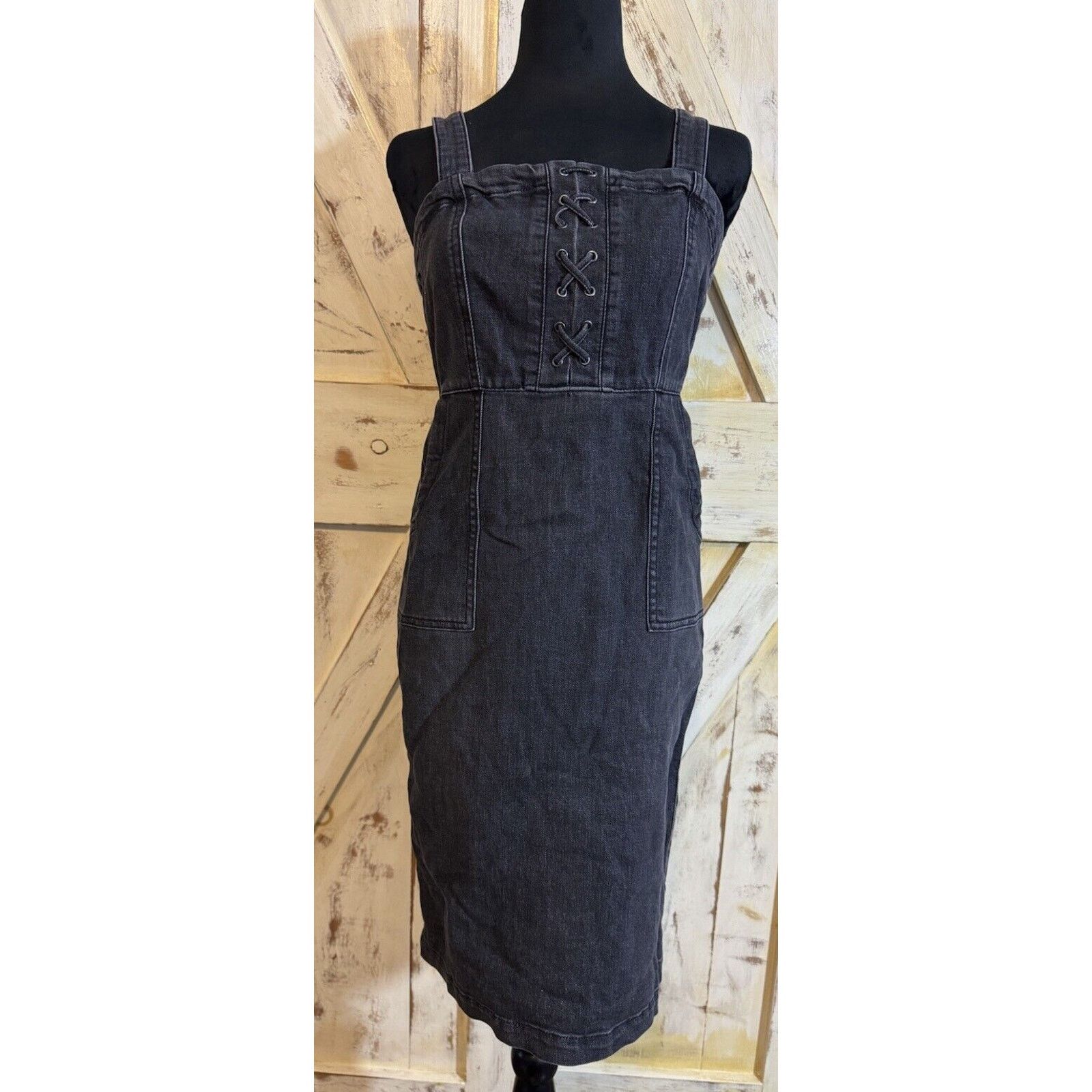 I.N.C INC Women’s Lace Up Denim Dress | Deep black | Size 0 Size S / US 4 / IT 40 - 1 Thumbnail
