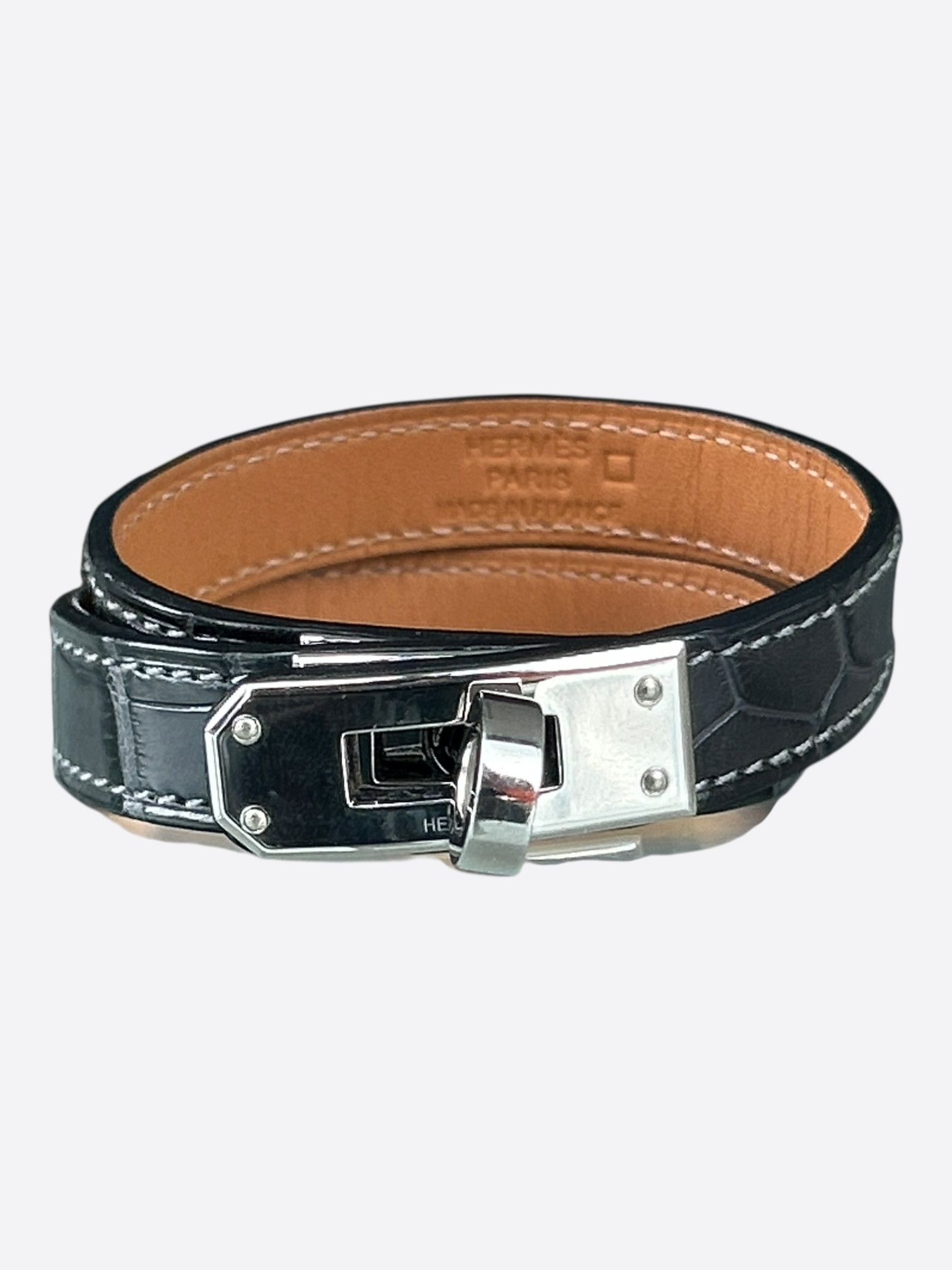Hermes BlackCrocodile Palladium Hardware Kelly Double Tour Bracelet Size ONE SIZE - 1 Thumbnail