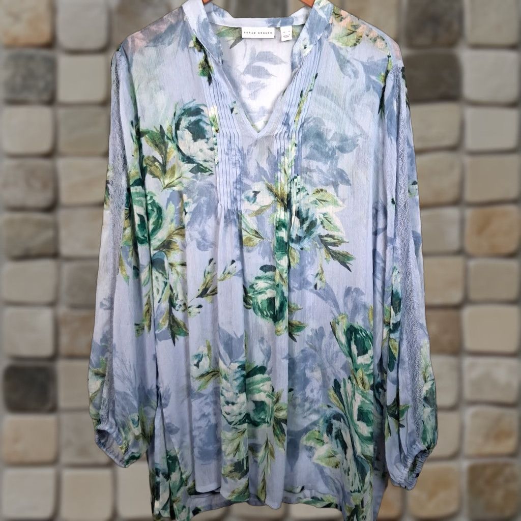 Vintage Susan Graver Blouse XL Blue Peony Floral Long Sleeve Semi Sheer Lace Pleated Shirt Womens Size XL / US 12-14 / IT 48-50 - 1 Thumbnail