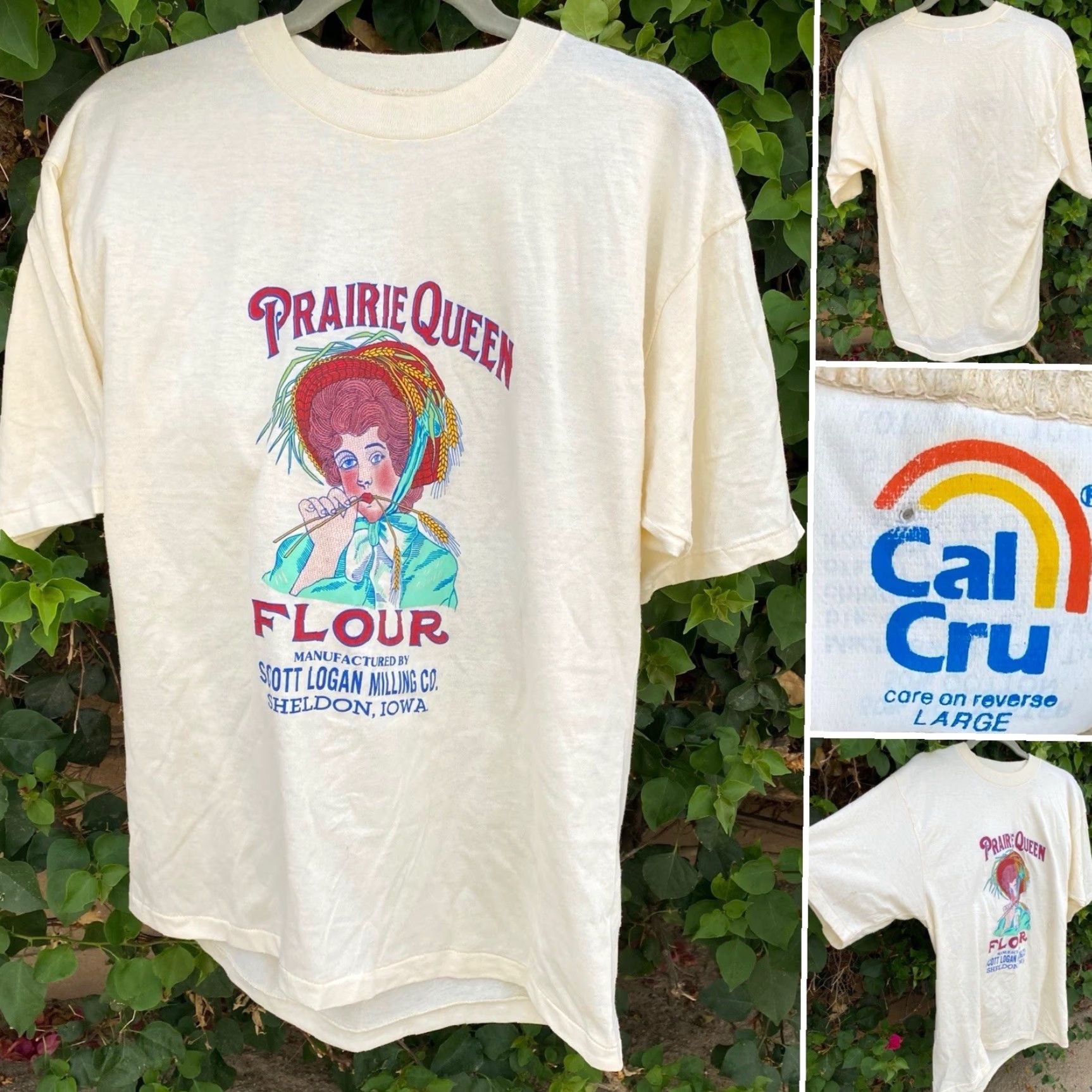 Vintage Vintage Cal Cru Prairie Queen Flour Sheldon Iowa T Shirt Single Stitch L Ivory Polyester Blend Men Short Sleeve Size US L / EU 52-54 / 3 - 6 Thumbnail