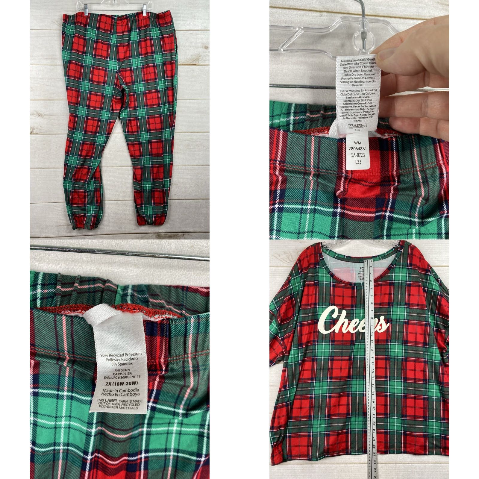 Vintage JOYSPUN Pajama Set Womens 3X 22W 24W Red Green Plaid Holiday Cheers Size ONE SIZE - 8 Thumbnail