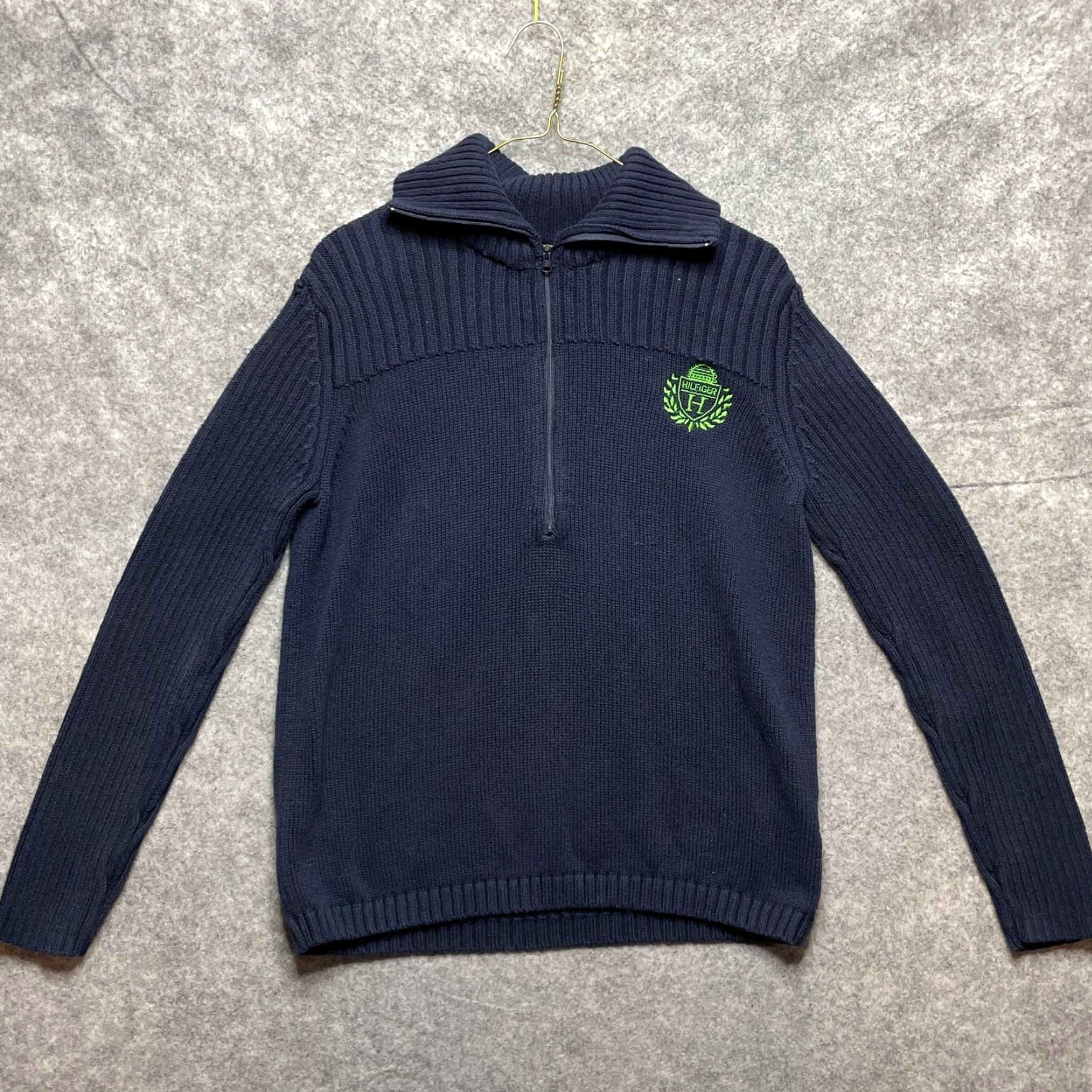 Tommy Hilfiger Sweater Womens XL Blue Pullover Quarter Zip Green Crest Cotton