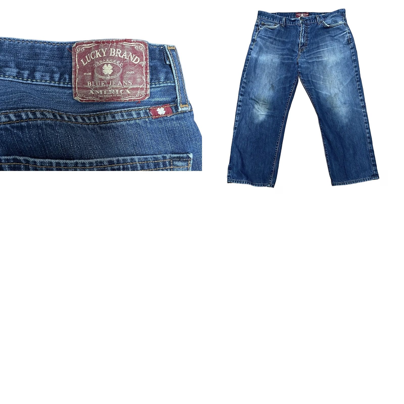 Lucky Brand VINTAGE Lucky Brand Jeans Mens Blue Denim Straight Leg 38x32 5-Pocket Belt Loops Regular Fit Stained Denim Pants Size US 38 / EU 54 - 10 Thumbnail