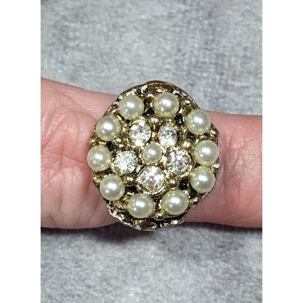 Other Vintage Glam Gold Tone Rhinestone Seed Pearl Adjustable Ring Size ONE SIZE - 3 Thumbnail