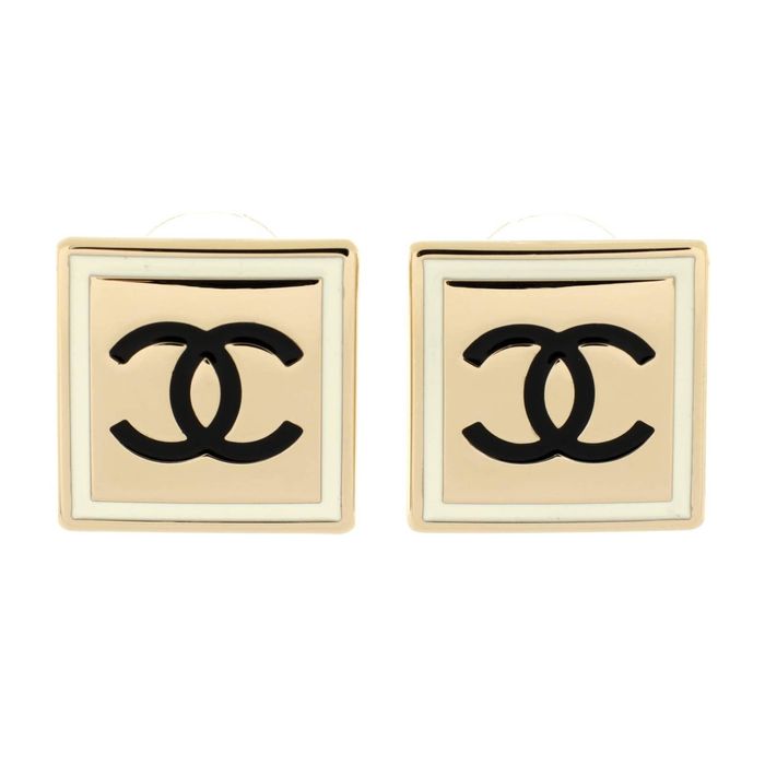 Chanel CC Square Stud Earrings Metal with Enamel