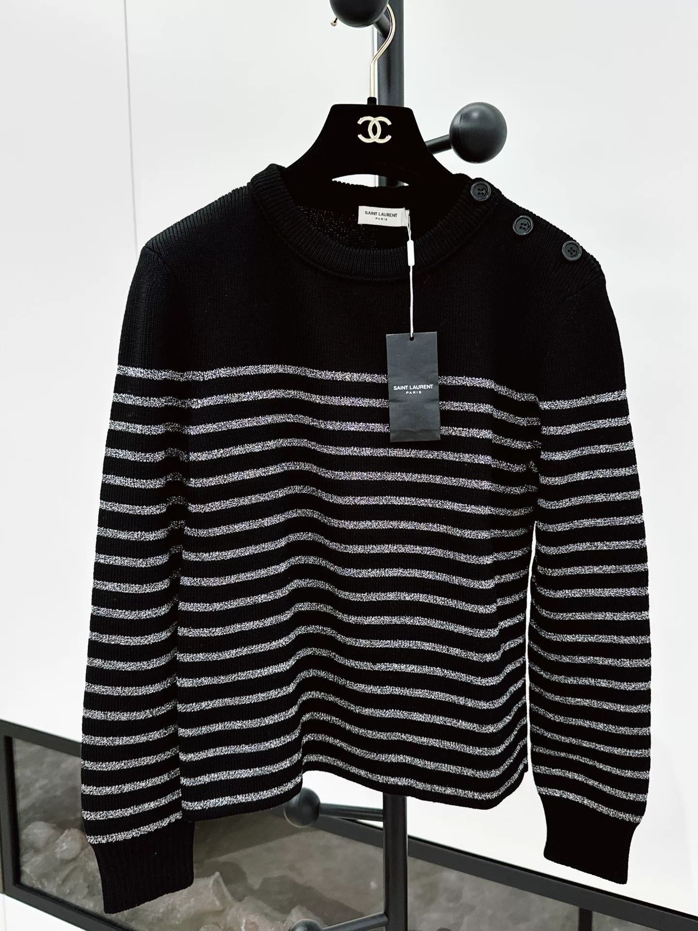 Saint Laurent Paris YSL Black Silver Striped Sweater Size S / US 4 / IT 40 - 1 Thumbnail