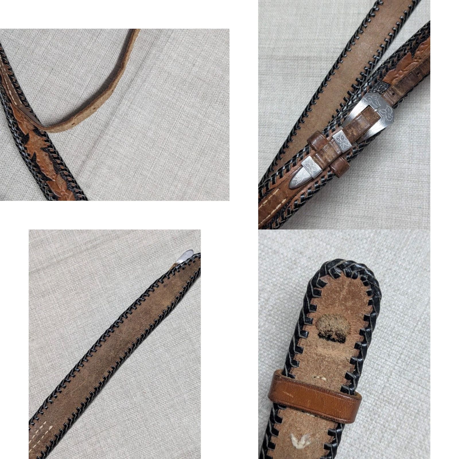 Vintage VINTAGE handcrafted western belt Unisex Adults 28 cowhide leather Tooled Brown 1-1/4" width 34.5" length 26-30 holes Mens Womens Size 28 - 9 Thumbnail