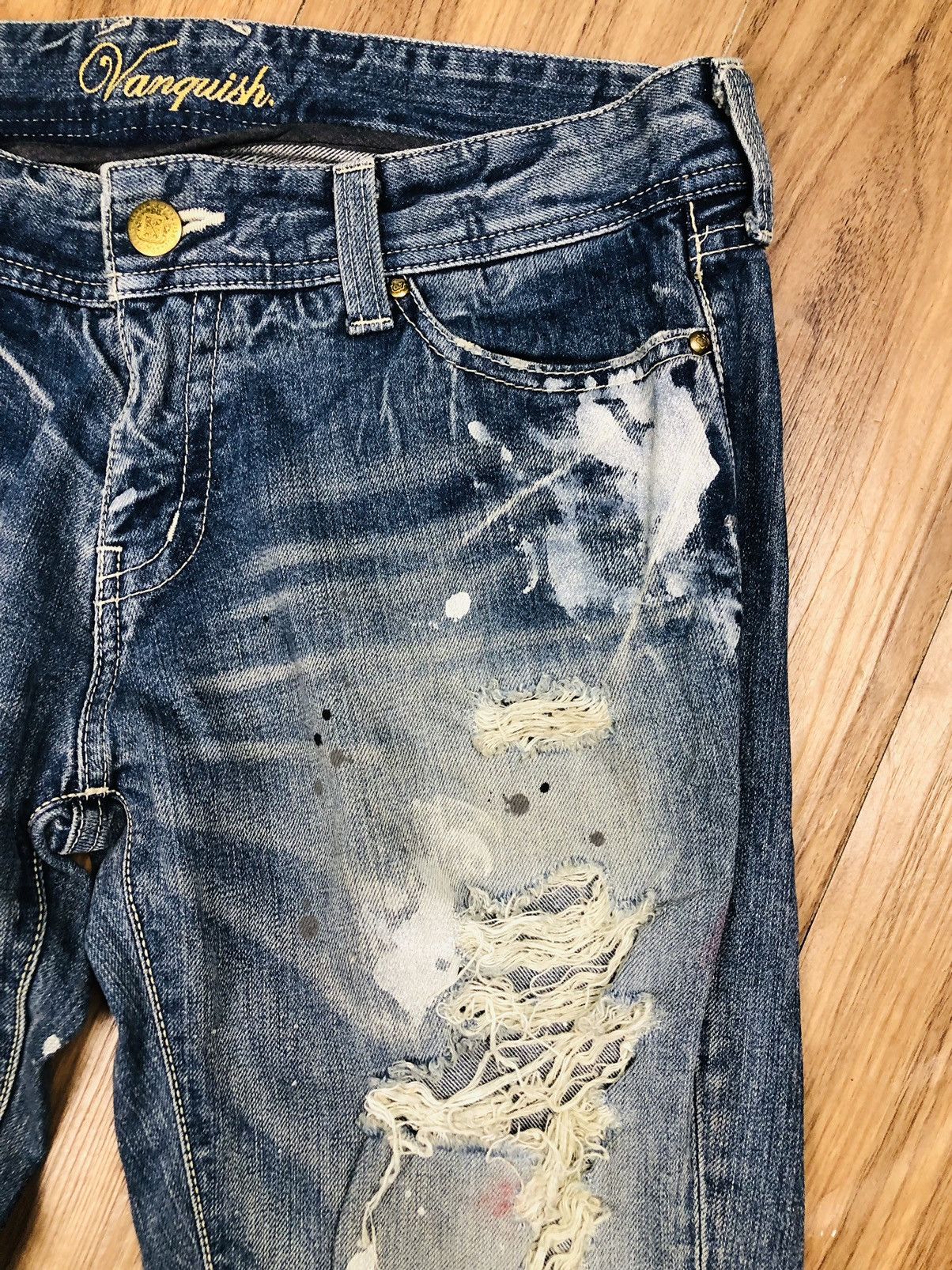 Vanquish Vanquish Gold Distressed Paint Splatter Denim (38) Size 35" - 8 Thumbnail