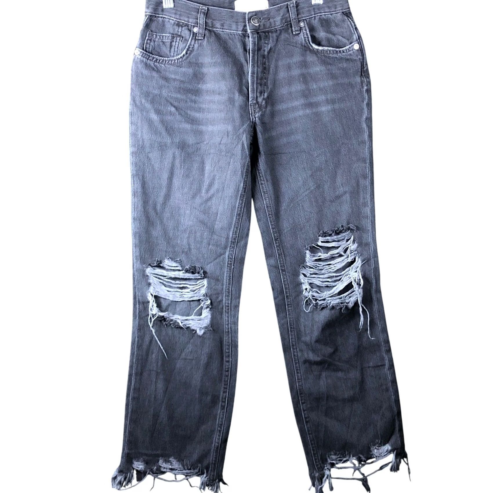 Vintage We The Free People Jeans Black Denim Maggie Mid Rise Distressed 24 Women’s 5-Pocket Design Regular Straight Denim Size 28" / US 6 / IT 42 - 2 Thumbnail