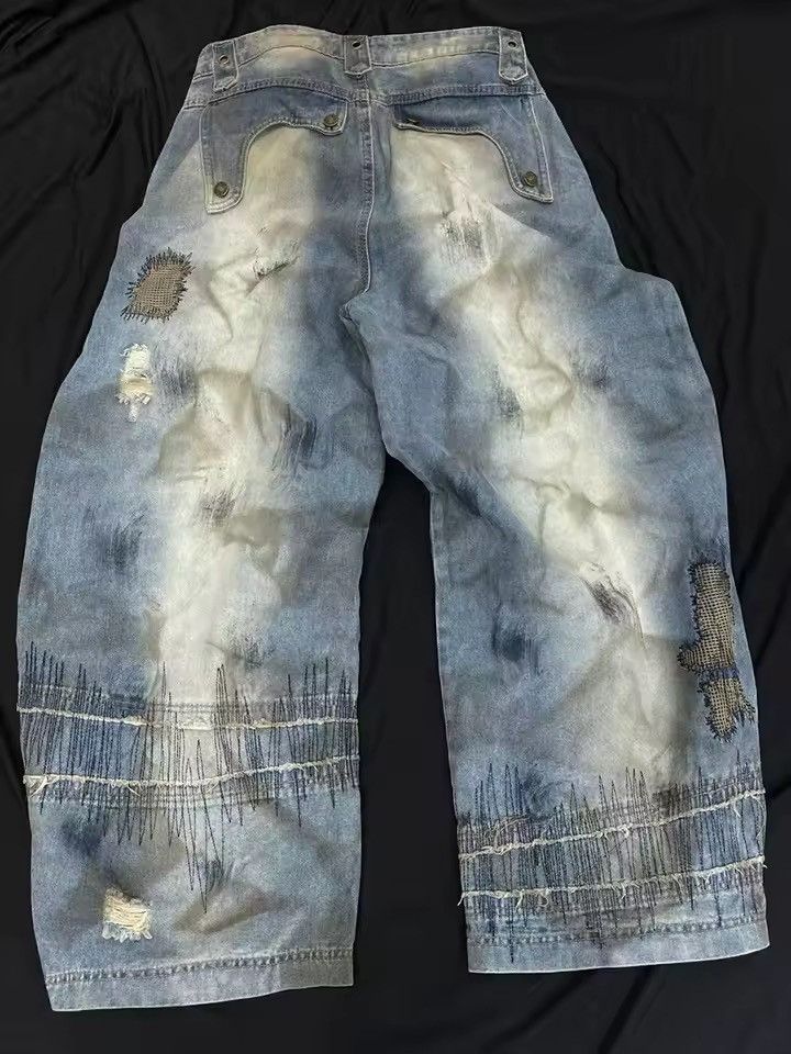 Jean Patchwork Streetwear Washed Embroidery Printed Dirty Jeans Size US 30 / EU 46 - 4 Thumbnail