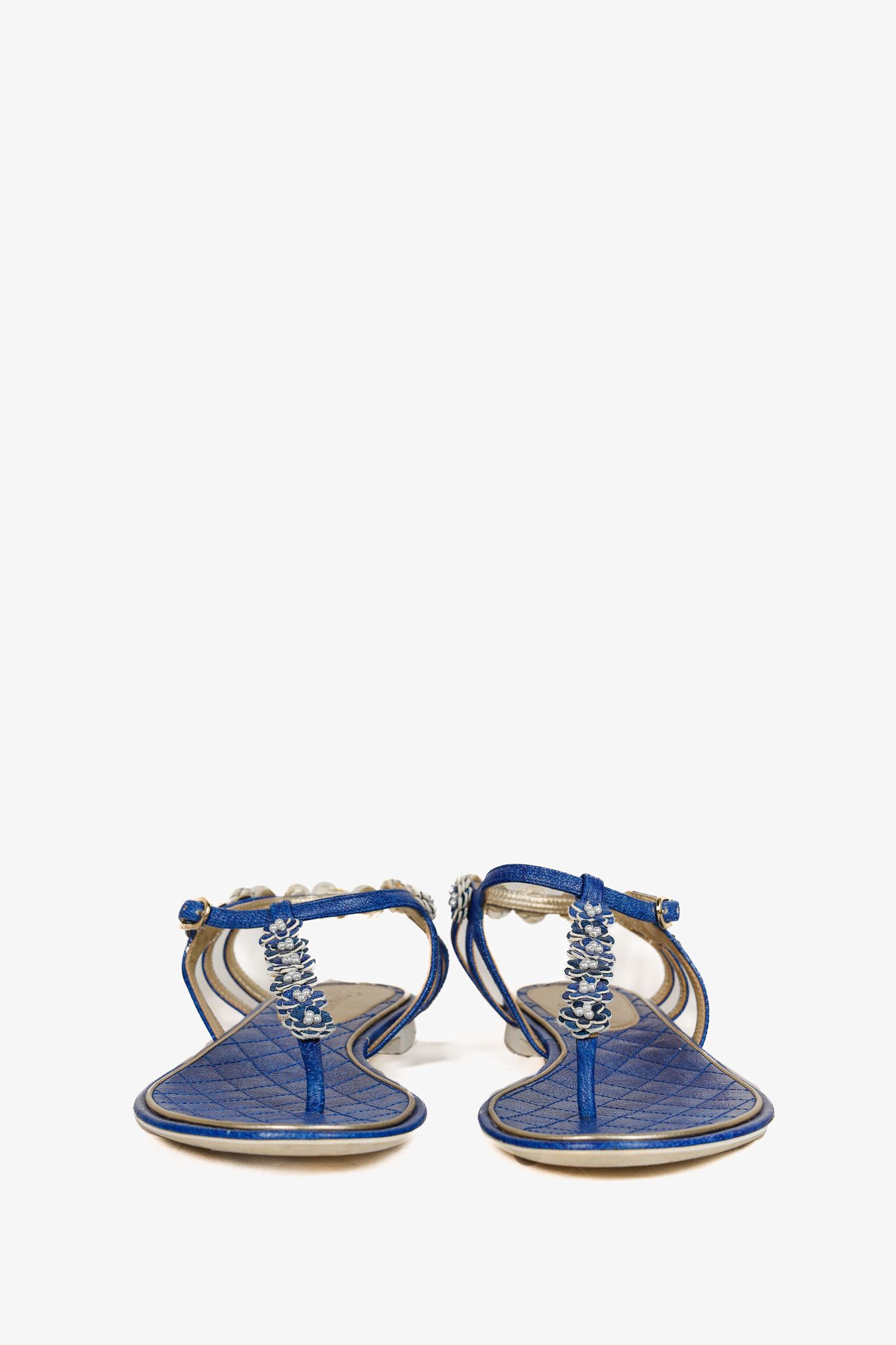 Chanel Chanel Blue Floral-Embellished Leather Thong Sandals Size US 10.5 / IT 40.5 - 3 Thumbnail