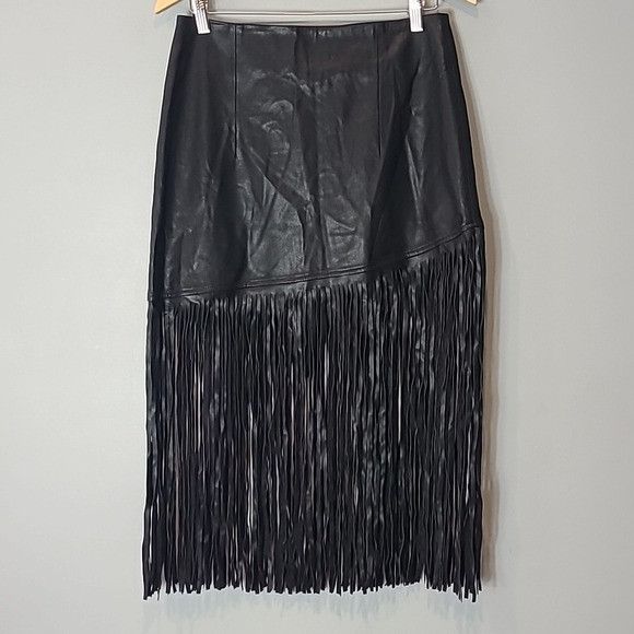 Other BAGATELLE.NYC black fringed faux leather midi skirt medium Size 29" - 1 Thumbnail