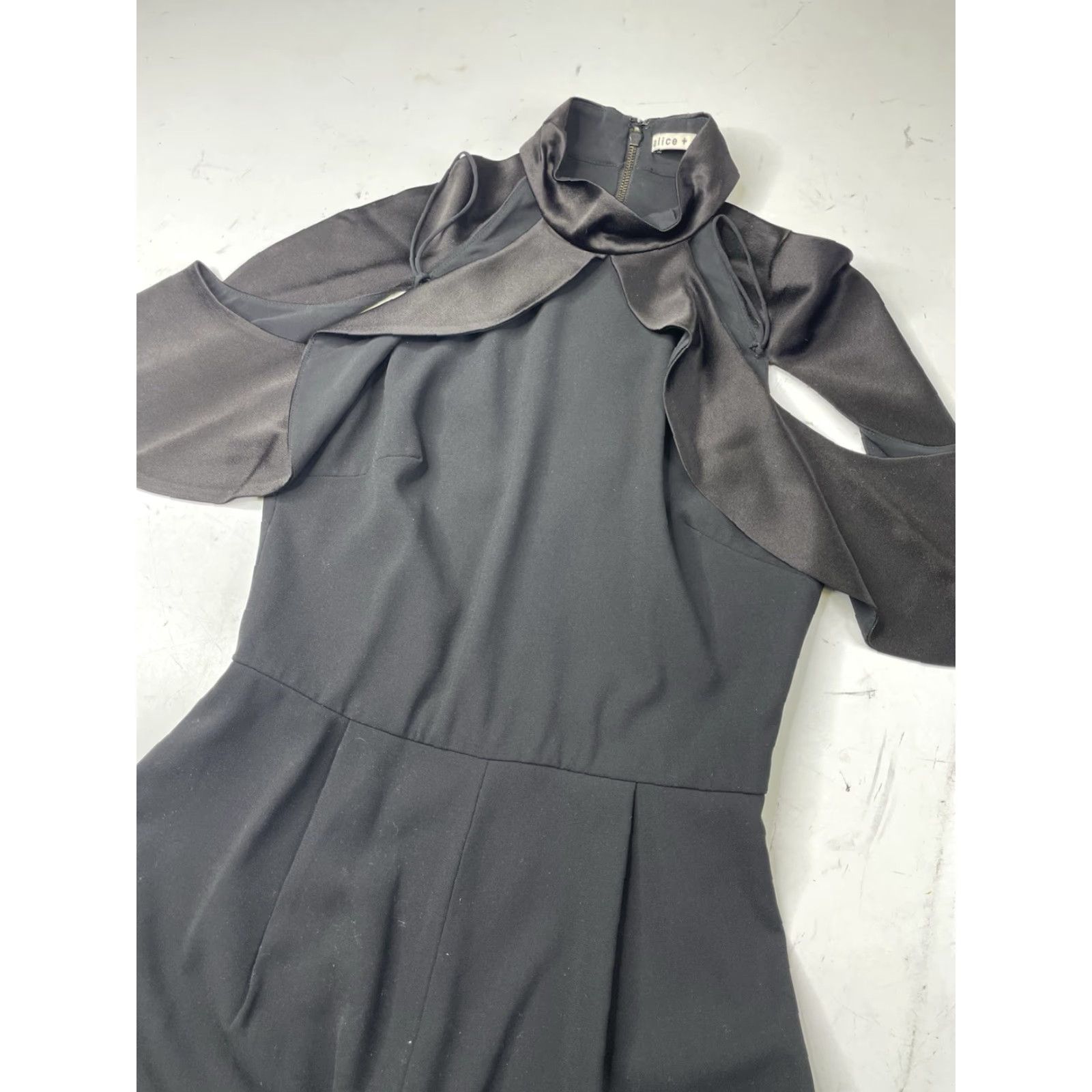 Alice + Olivia Alice + Olivia Rosaline High Neck Satin Ruffle Cold Shoulder Pleated Romper 4 Black Women Romper Satin Ruffle High Neck Pleated Cold Shoulder 4 Womens Size 27" / US 4 / IT 40 - 2 Thumbnail