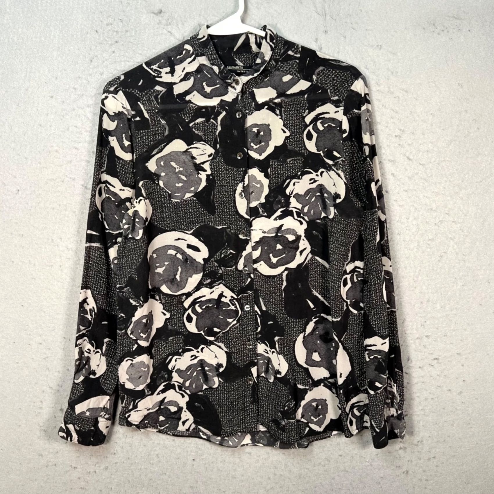 Allsaints All Saints Womens Button-Up Long Sleeve Blouse Floral Black & White Silk Mock Neck Size M Colored Image Measurements Size M / US 6-8 / IT 42-44 - 2 Thumbnail