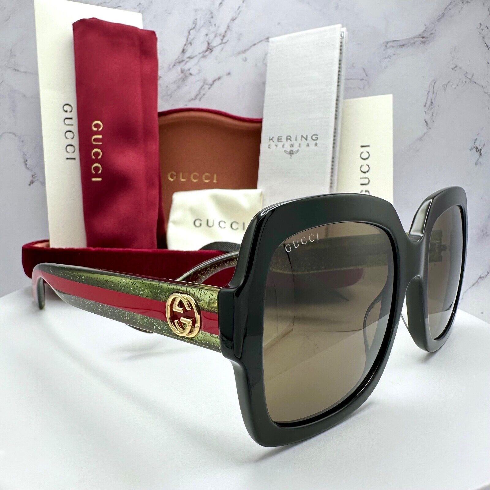 Gucci New Gucci Sunglasses Black Square Red Green Web Arms Gold Size ONE SIZE - 11 Thumbnail