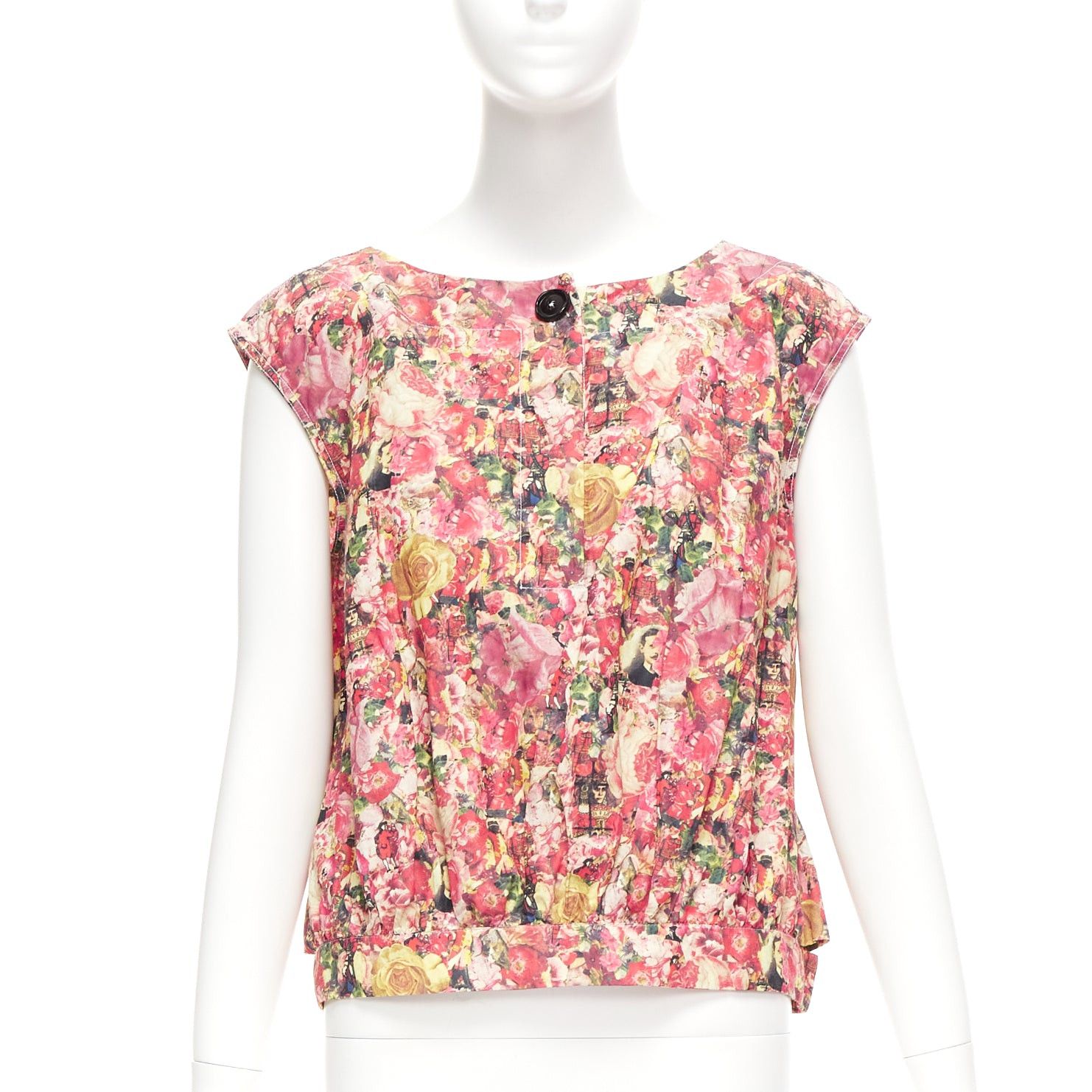 image of Marni Pink Green Floral Print Black Button Boxy Vest Top It38 Xs, Women's