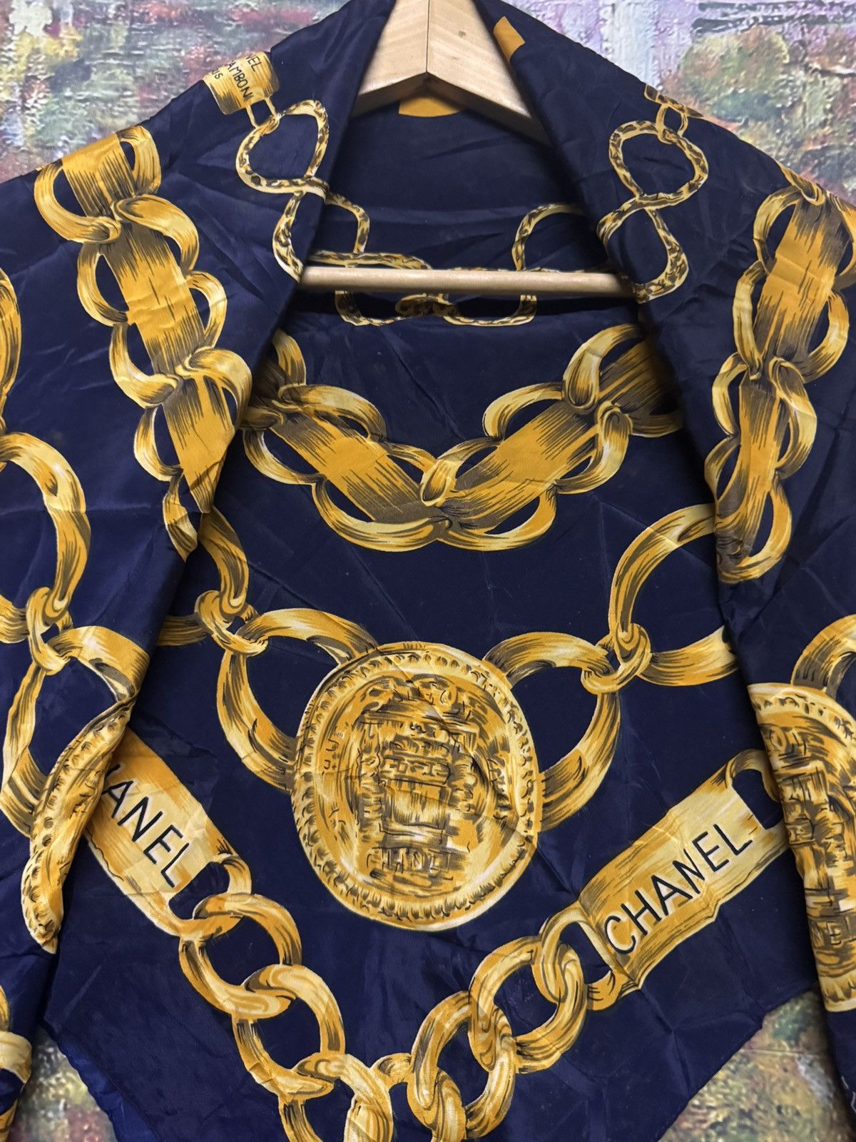 Chanel Authentic CHANEL navy gold slik scarf Size 34 - 5 Thumbnail