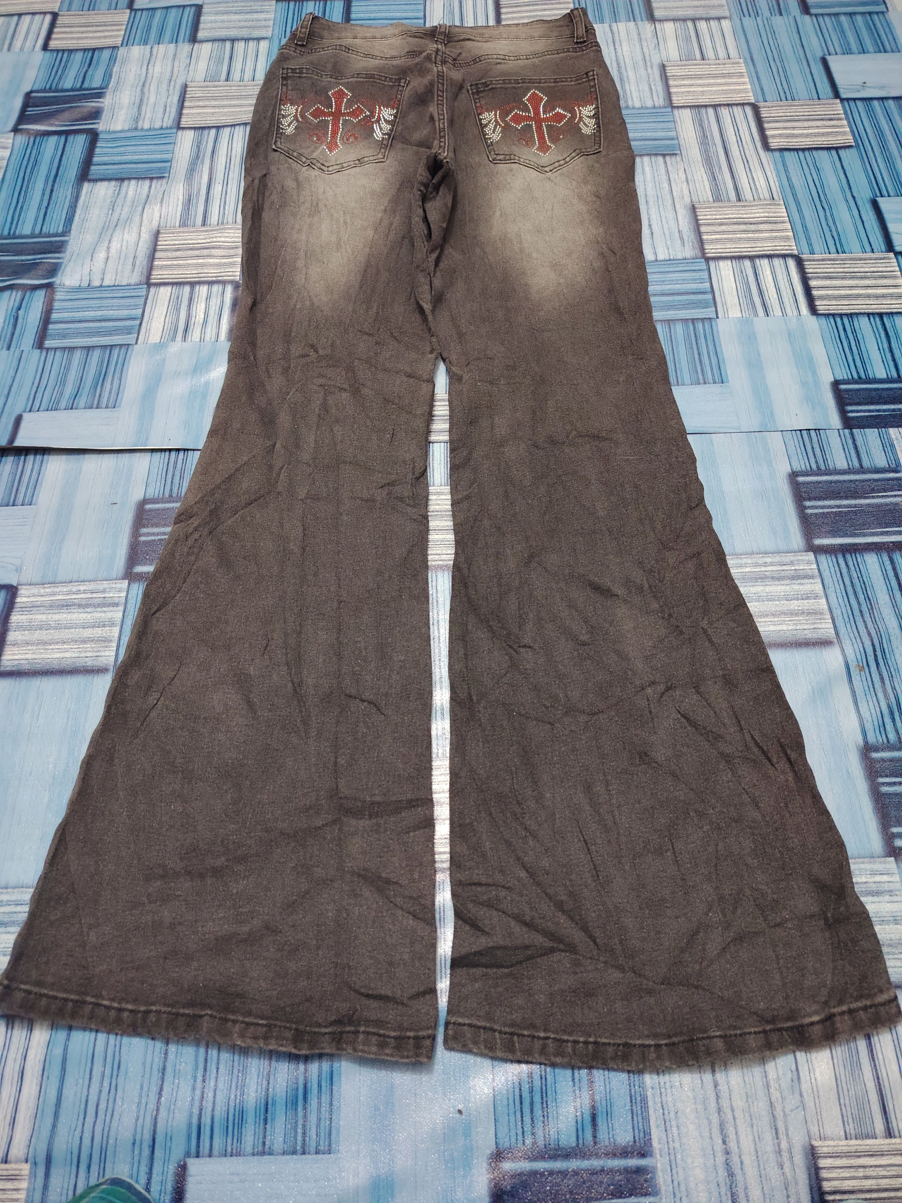 If Six Was Nine Japanese ROMWE Mega Flared Jeans Cross CH style Size US 26 / EU 42 - 13 Thumbnail