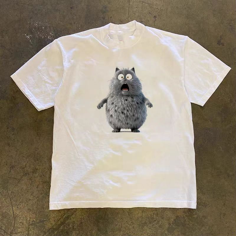 Vintage White retro cartoon cat print cotton t-shirt Size US M / EU 48-50 / 2 - 1 Thumbnail