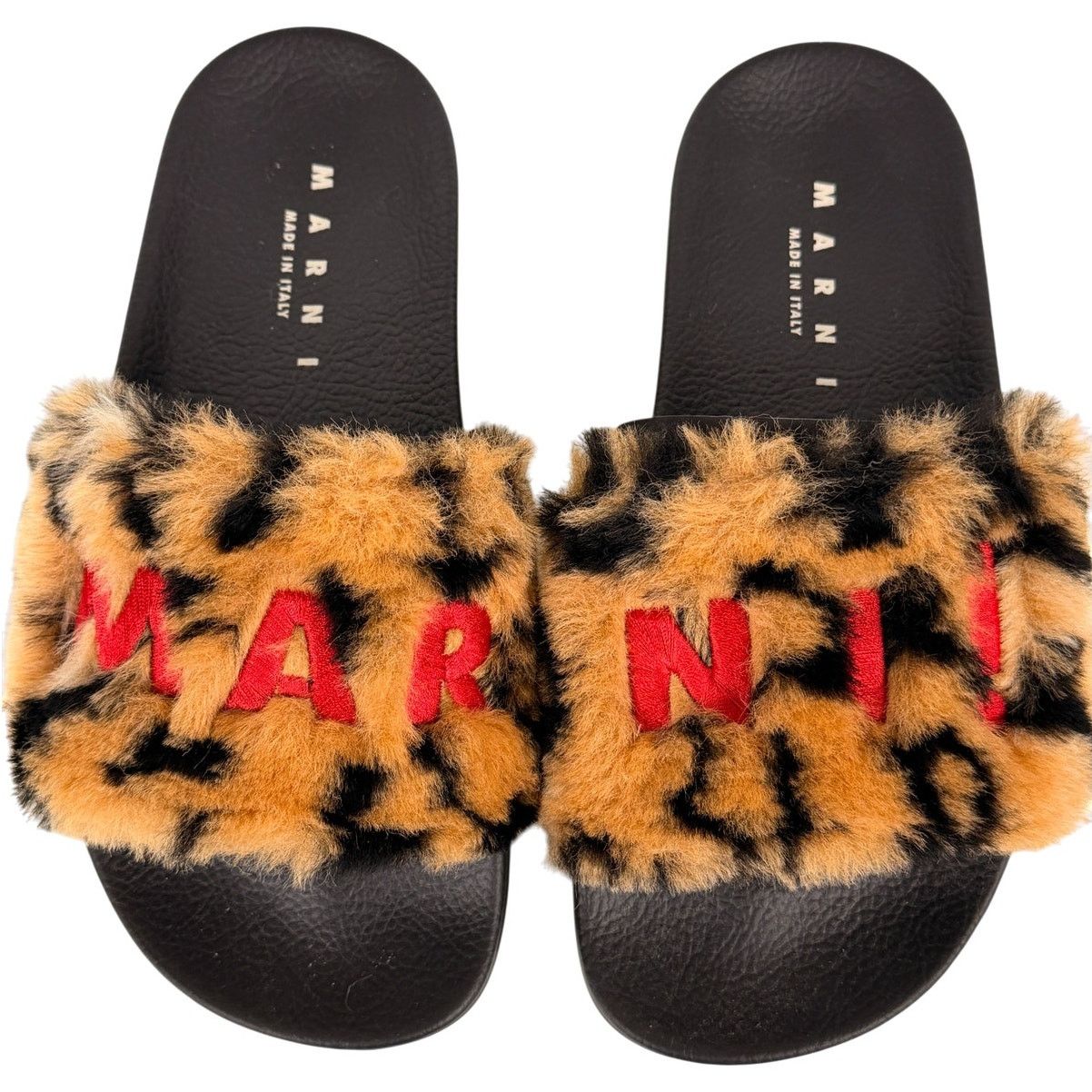 Marni Camel / Black Leopard Faux Fur Logo Slide Sz 36