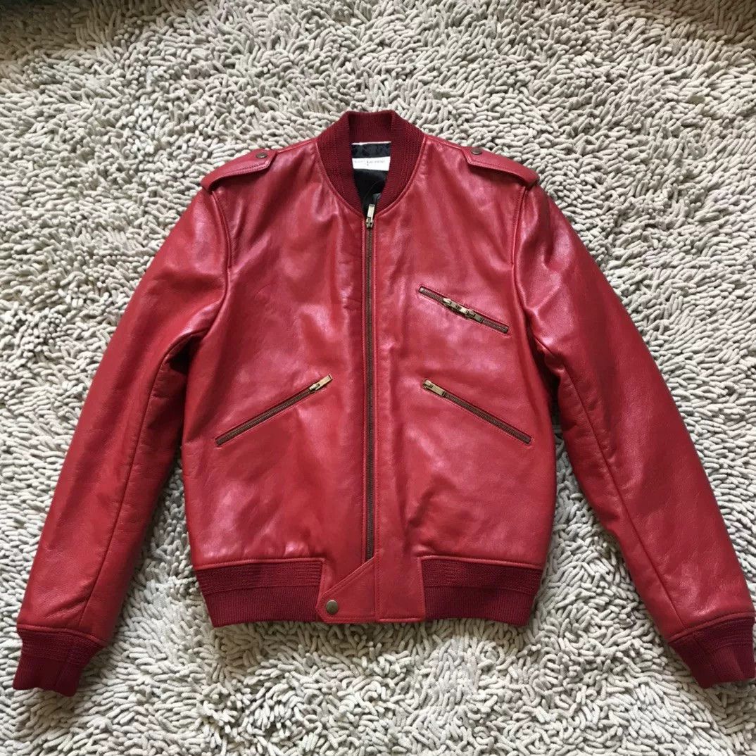 Saint Laurent Paris Saint Laurent Men's Red Leather Bomber Jacket Size US M / EU 48-50 / 2 - 1 Thumbnail