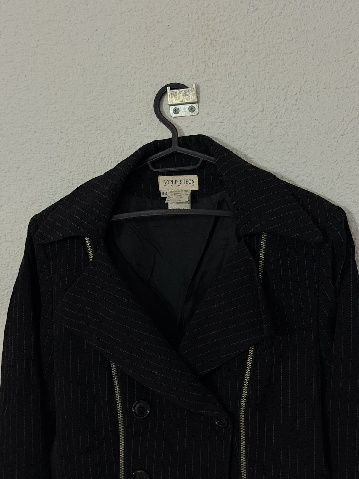 Other Vintage 90s Sophie Sitbon Paris Wool Pinstripe Zip Blazer Size M / US 6-8 / IT 42-44 - 2 Thumbnail
