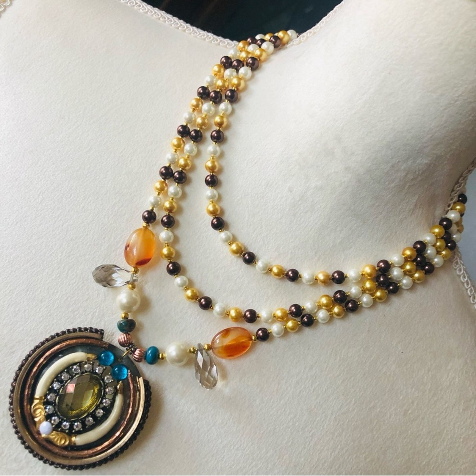 Handmade Handcrafted repurpose large amulet pendant Pearl necklace Size ONE SIZE - 1 Thumbnail