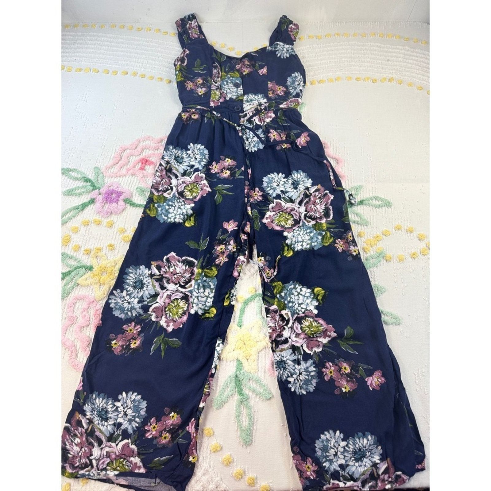 & Other Stories Bohemian Collective Navy Floral‎ Wide Leg Jumpsuit Smocked S Size 22" - 1 Thumbnail