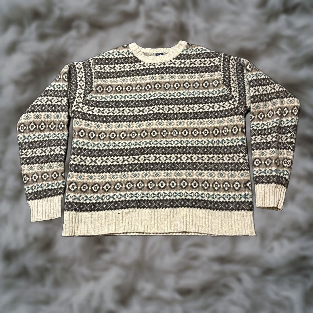 VINTAGE GAP Sweater Mens L Brown Beige Lambswool Fair Isle Crewneck 00s Mens