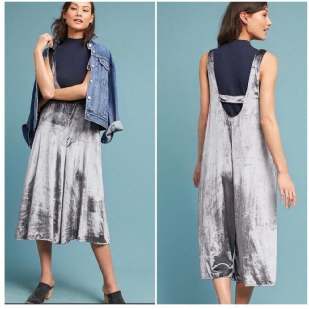 Anthropologie NWT New $148 Maeve Monique Velvet Silver Jumpsuit Size L Size 36" / US 14 / IT 50 - 2 Thumbnail