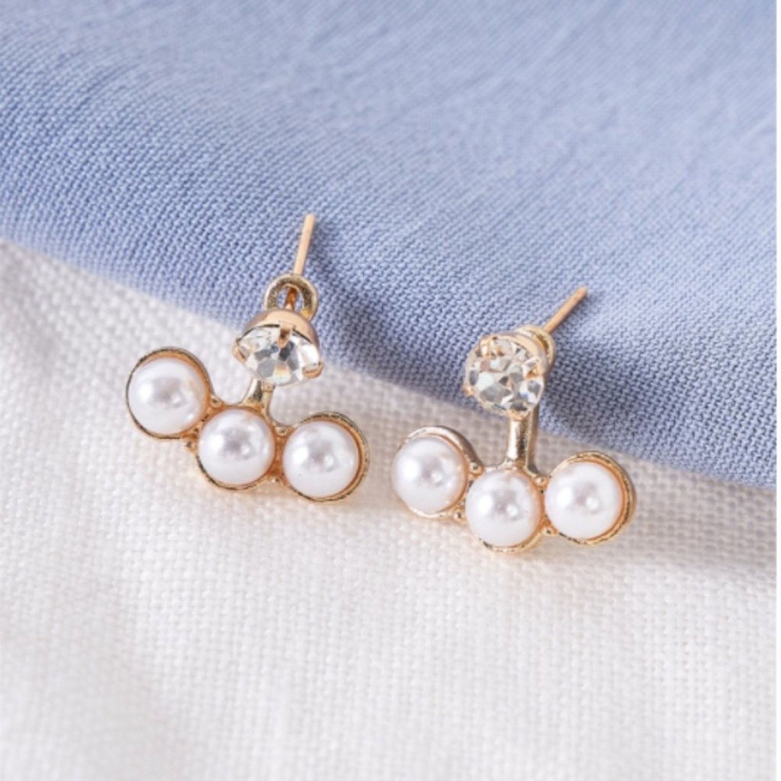 Other Front Back Gold Tripple Pearl Faux Diamond Stud Earrings Size ONE SIZE - 2 Thumbnail