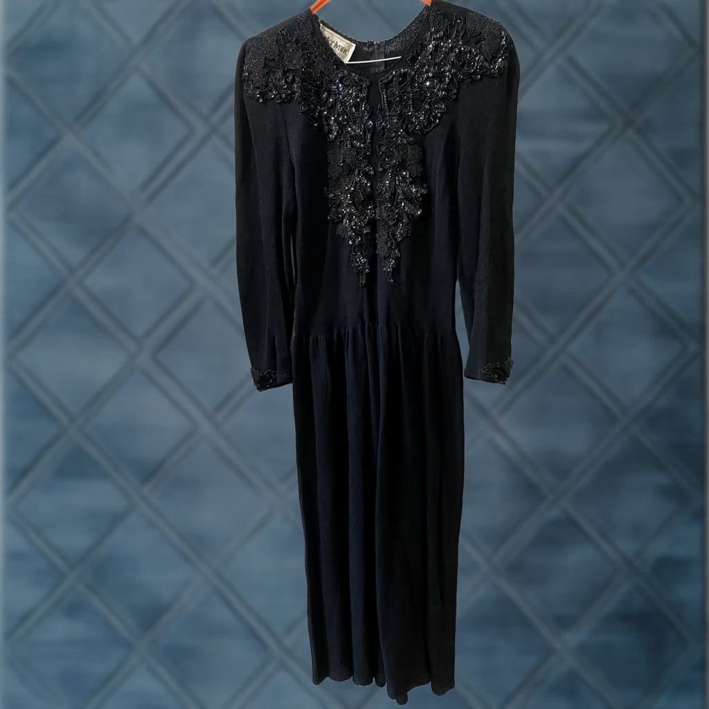 Vintage Peter Lynne Women’s Knit Rhinestone Midi Dress Long Sleeve Black 8 Dress (Regular) Womens, Women's