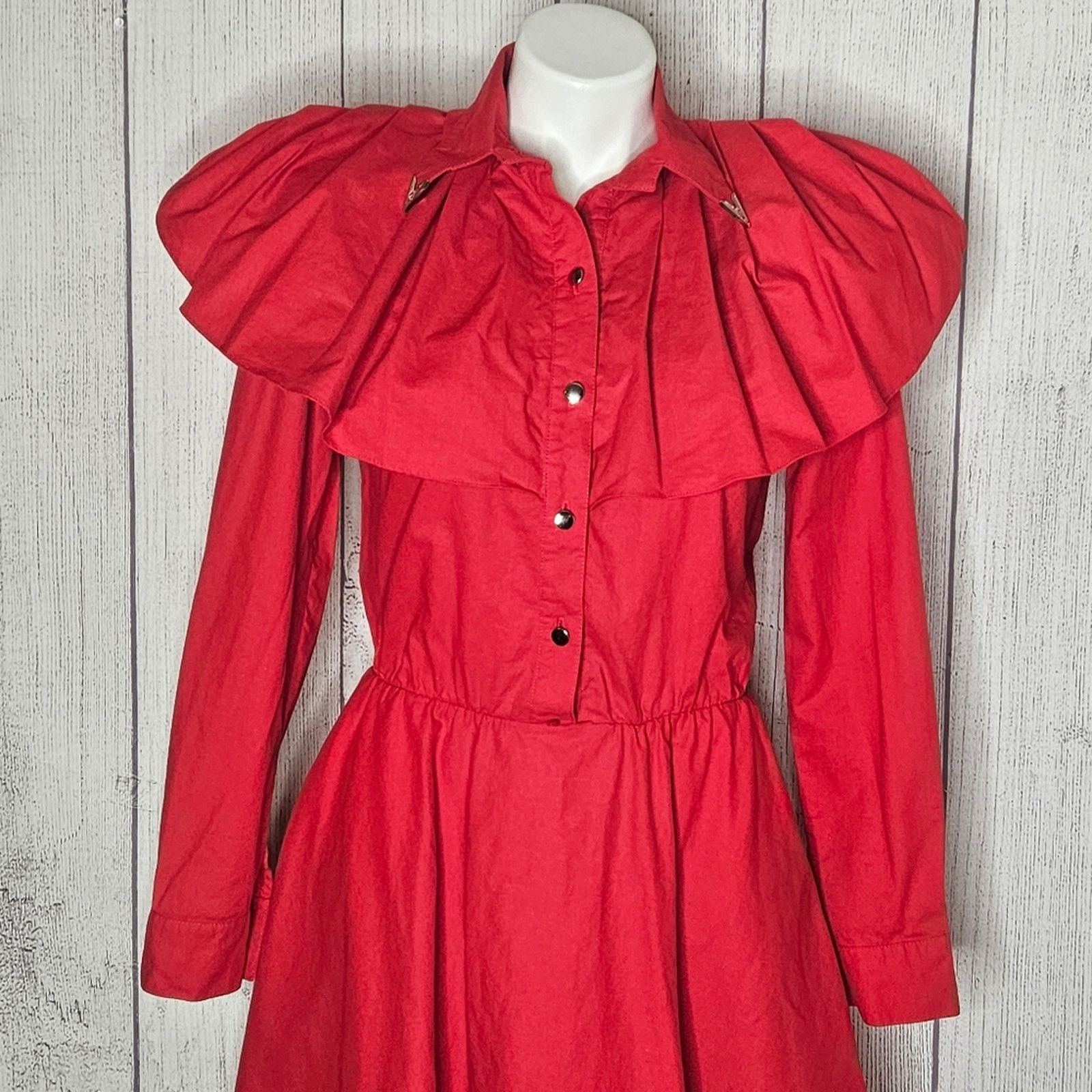 Vintage VTG Lilia Smitty Red Western Shirt Dress Ruffle Yoke Collar Size S / US 4 / IT 40 - 3 Thumbnail