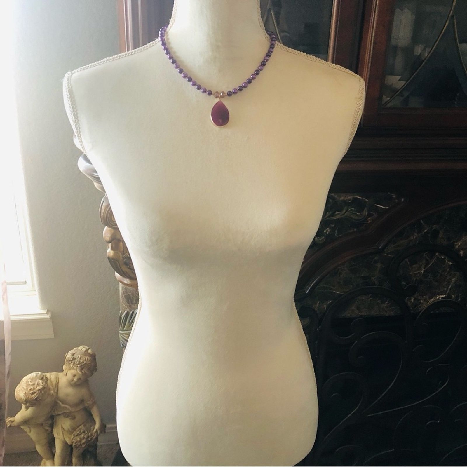 Handmade Handcrafted repurpose framed purple raindrop Pearl necklace Size ONE SIZE - 8 Thumbnail