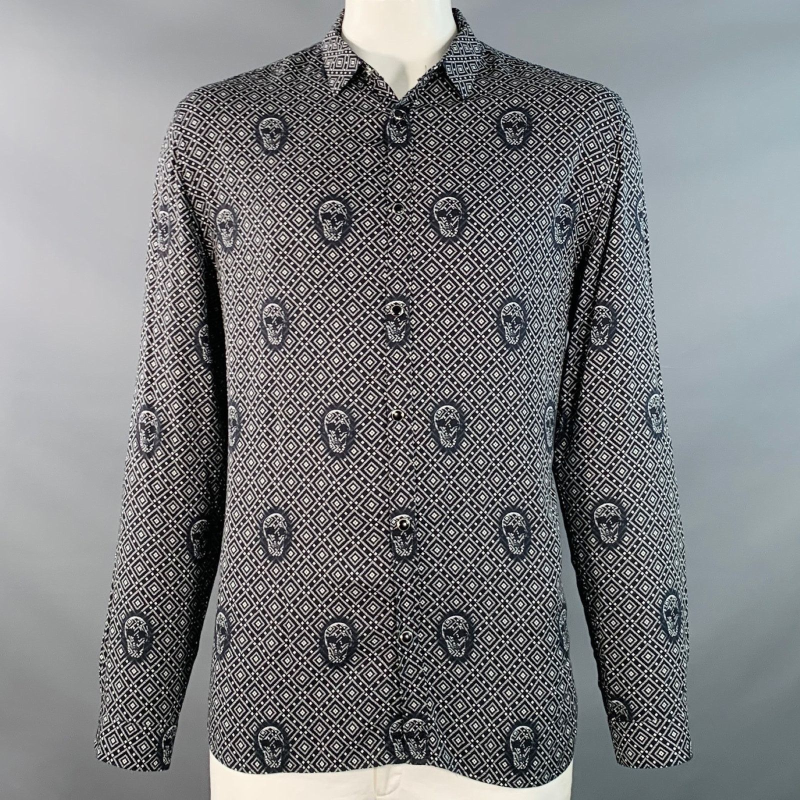 The Kooples Size XL Black White Skulls Viscose Snaps Long Sleeve Shirt Size US XL / EU 56 / 4 - 1 Thumbnail