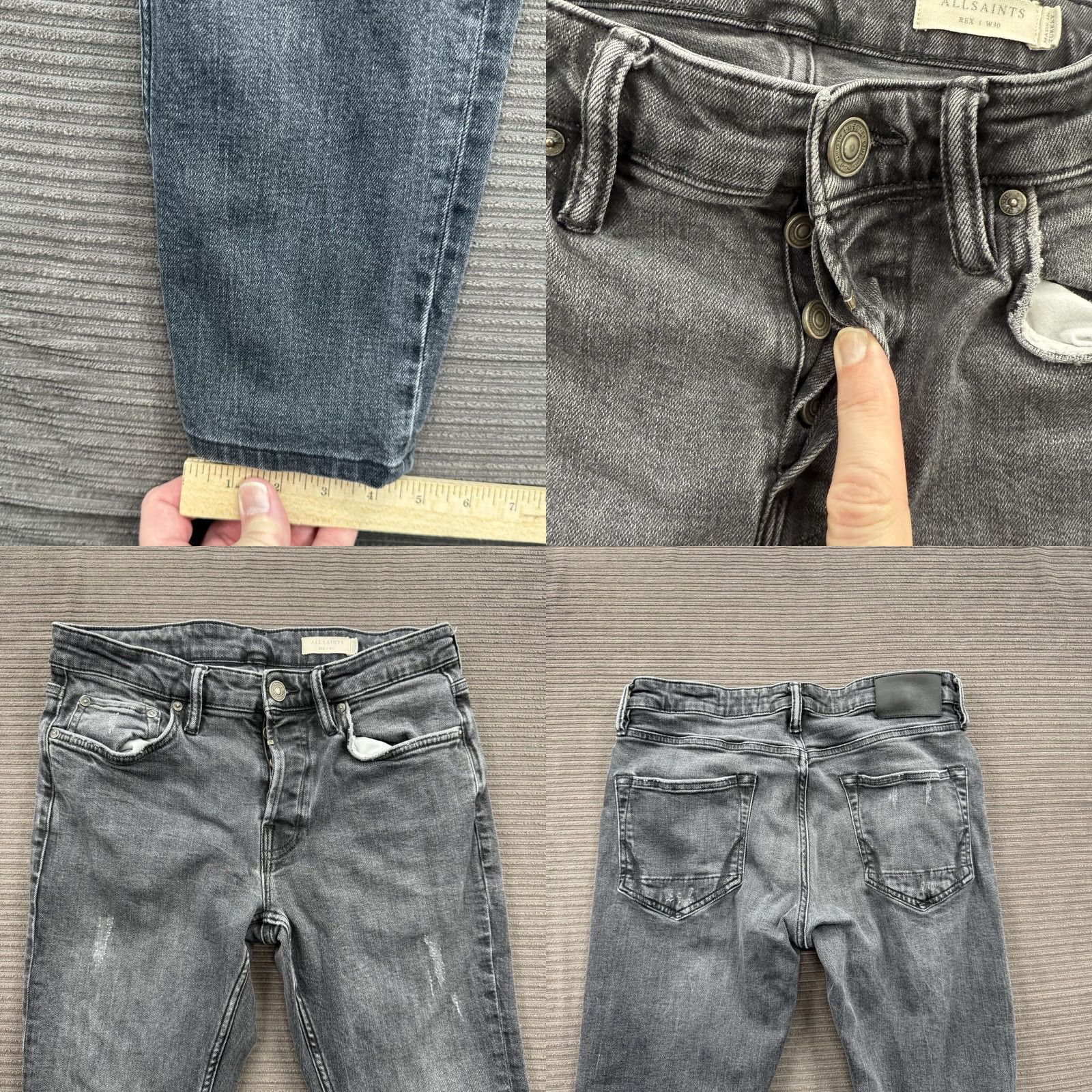 Allsaints AllSaints Jeans Men 30/26 Gray Cotton Button Fly Distressed Designer Regular Straight Tapered 30in 26in Inseam Mens Size US 30 / EU 46 - 8 Thumbnail