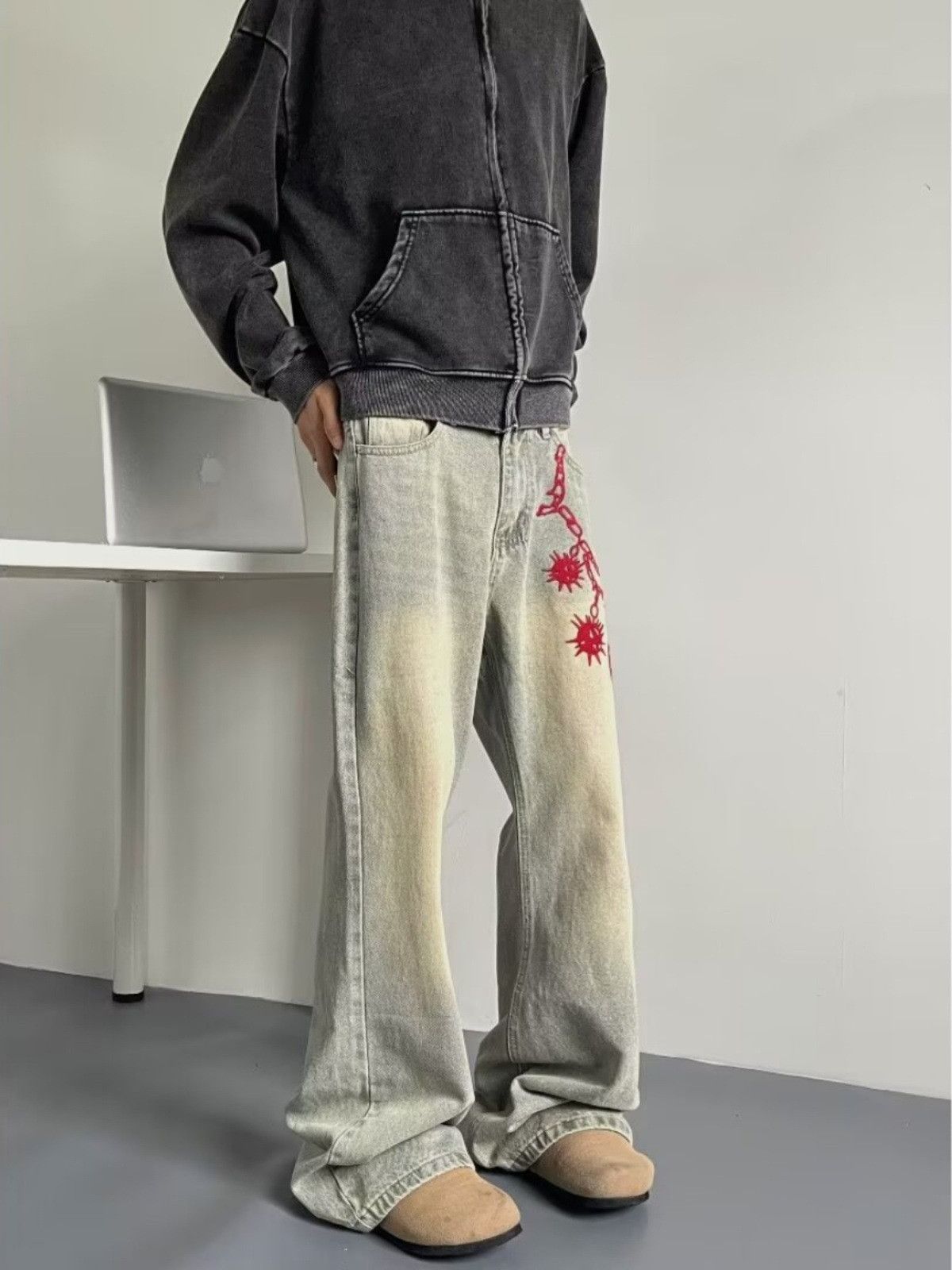 Japanese Brand Retro hip-hop men's straight leg flared embroidered jeans Size US 32 / EU 48 - 3 Thumbnail