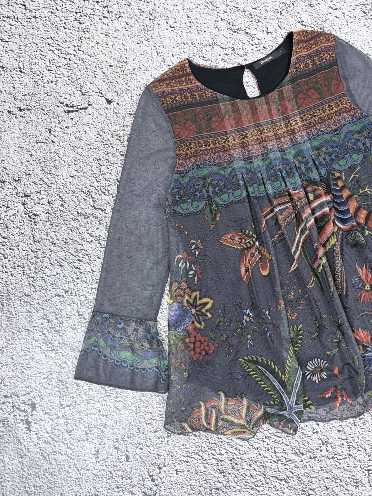 Jean Paul Gaultier Desigual Mesh Long Sleeve Boho Top Floral Graphic Print L Size L / US 10 / IT 46 - 2 Thumbnail