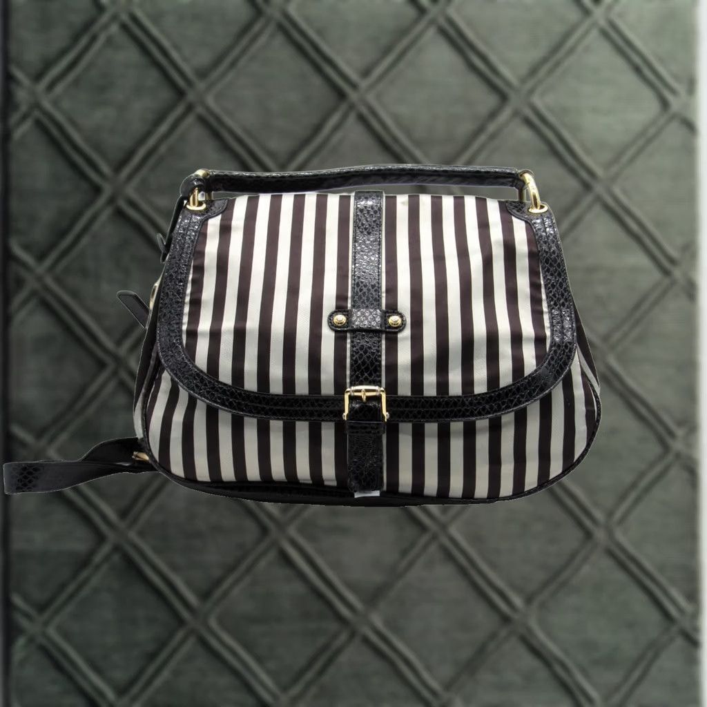 Henri Bendel HENRI BENDEL Luxury Crossbody Handbag Hobo Striped Black Grey Canvas Leather Gold Authentic Womens Size ONE SIZE - 1 Thumbnail