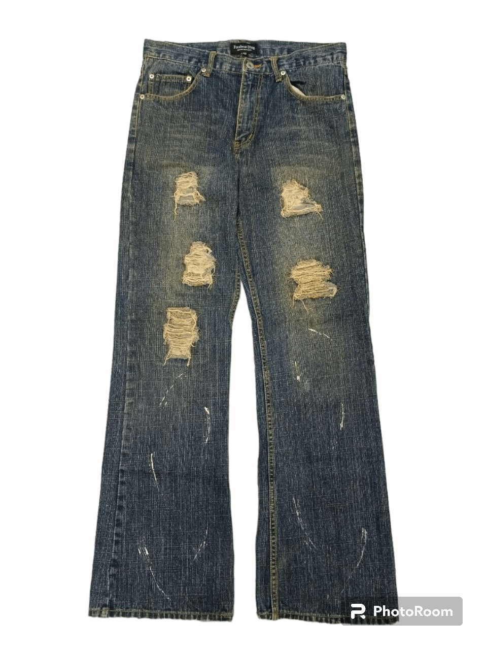 image of Distressed Denim x Hype Flare Sick Riped Pacthwork Freebeat Diag Denim Pants in Blue Distressed (Si