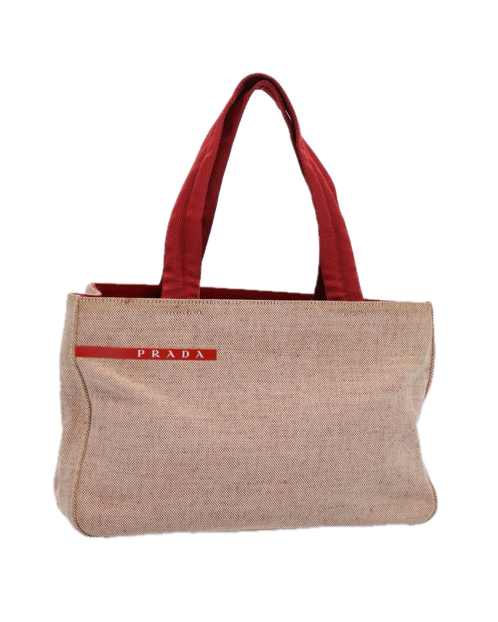 image of Prada Canvas Sports Hand Bag In Beige And Red, Women's