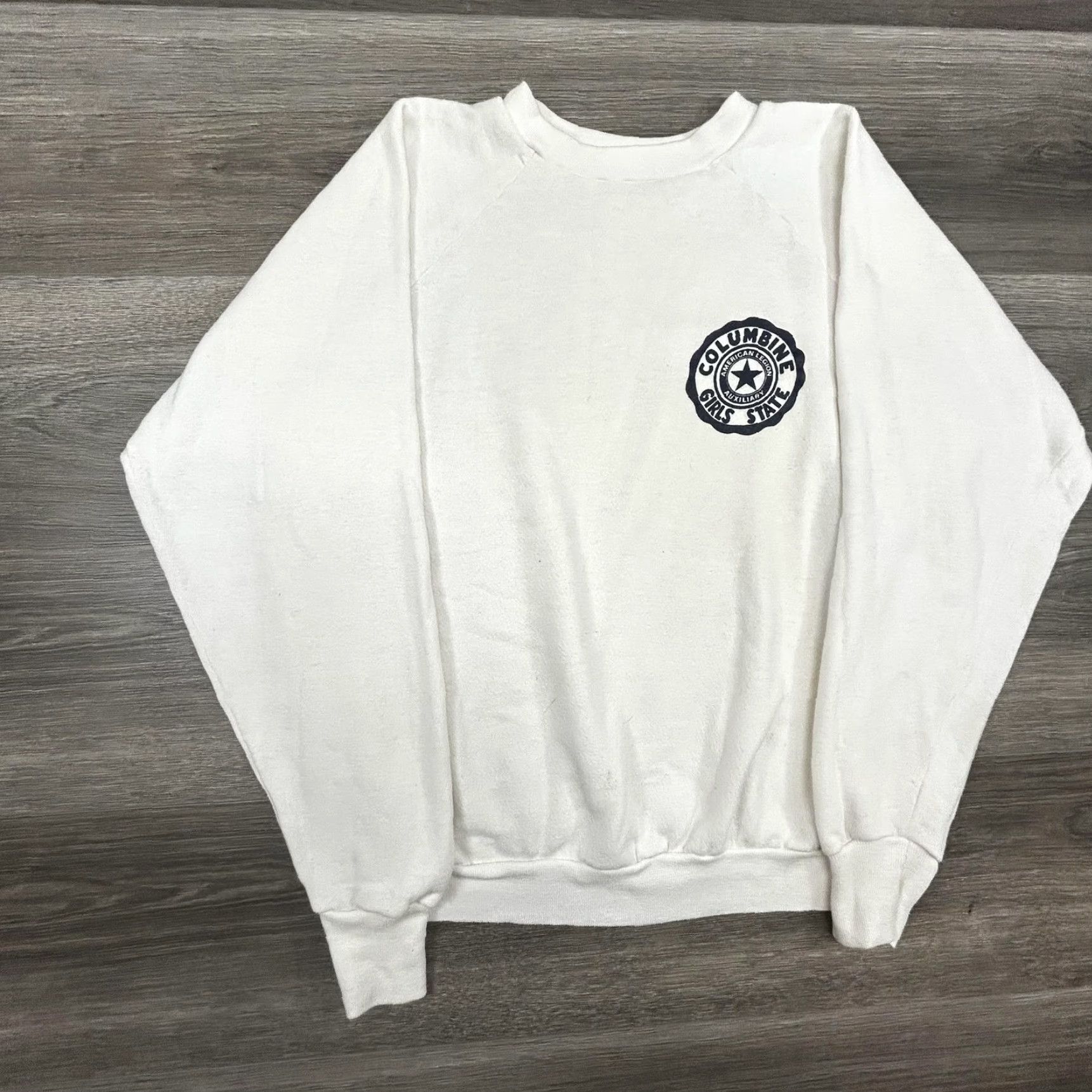 Hanes VINTAGE Columbine Girls State American Legion Sweatshirt Womens M White Pullover Crew Neck Raglan Sleeve Fall 90s Casual Graphic Print Logos Size M / US 6-8 / IT 42-44 - 3 Thumbnail